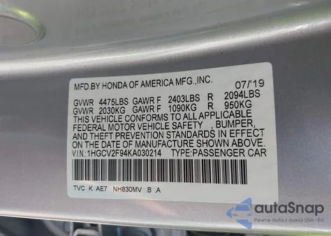 2019 Honda Accord Touring 2.0T из США, поврежденный, VIN 1HGCV2F94KA030214